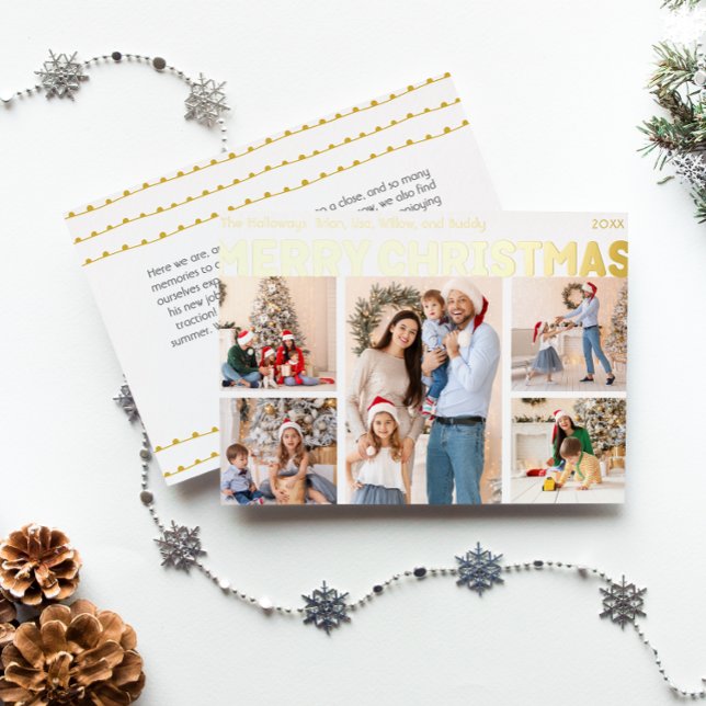 Bold Modern Five-Photo Merry Christmas Gold Foil Holiday Card (Creator Uploaded)