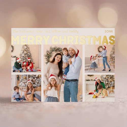 Bold Modern Five Photo Merry Christmas Gold Foil Holiday Postcard