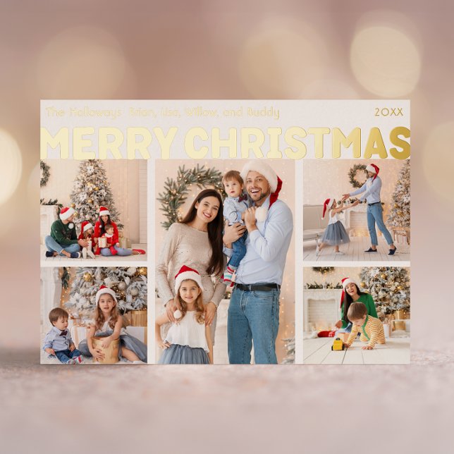 Bold Modern Five Photo Merry Christmas Gold Foil Holiday Postcard (Creator Uploaded)