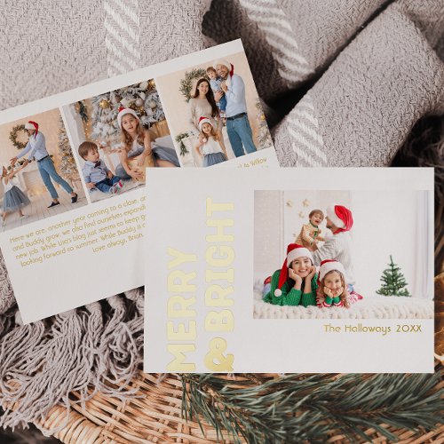 Bold Modern Four_Photo Merry and Bright Gold Foil Holiday Card