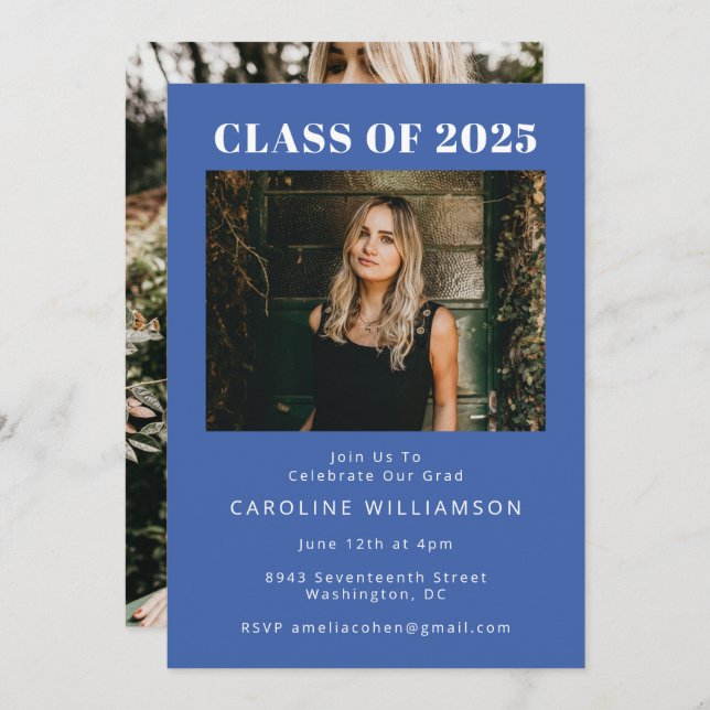Bold Modern French Blue Two Photo Graduation Party Invitation (Front/Back)
