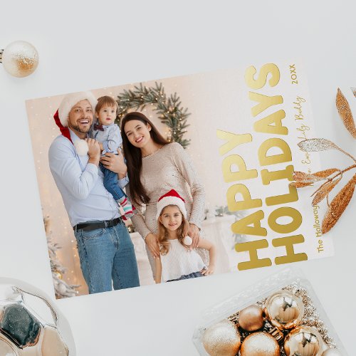 Bold Modern Full Photo Happy Gold Foil Holiday Card