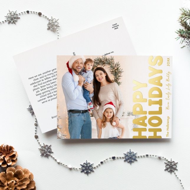 Bold Modern Full Photo Happy Gold Foil Holiday Postcard (Creator Uploaded)