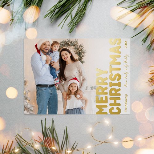 Bold Modern Full Photo Merry Christmas Gold  Foil Holiday Postcard