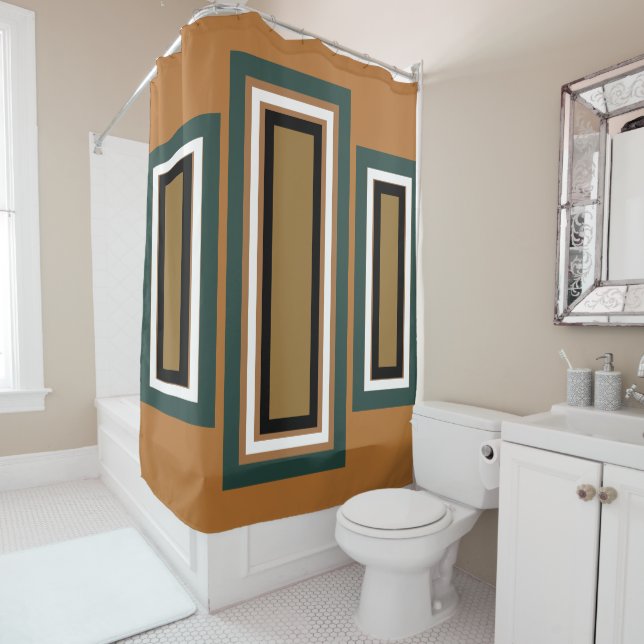 Bold Modern Geometric Copper Evergreen Shower Curtain (In Situ)