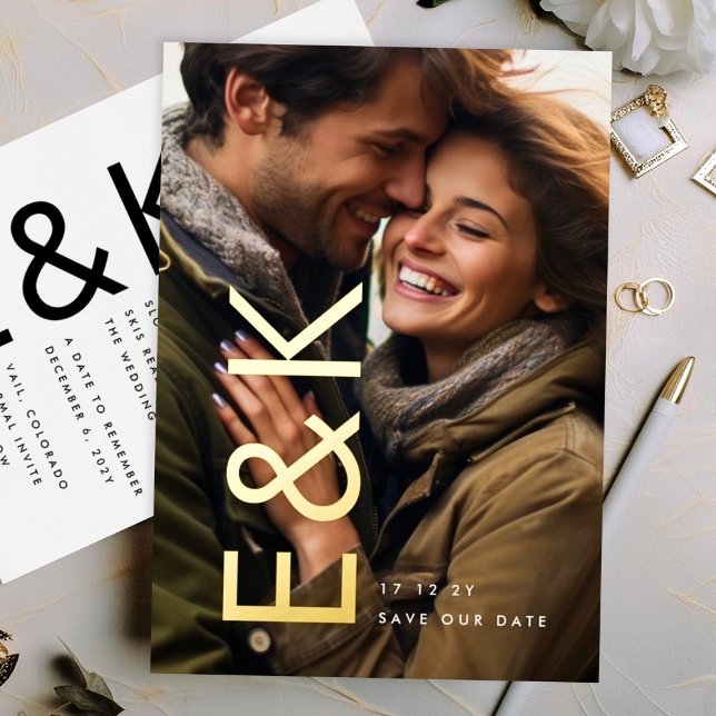 Bold Modern Gold Photo Monogram Save Our Date Foil Invitation (Creator Uploaded)