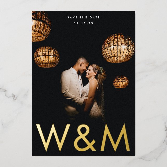 Bold Modern Gold Photo Monogram Save The Date Foil Invitation (Front)