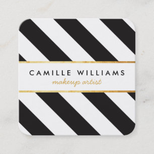 BOLD modern gold strip stripe pattern black white Square Business Card