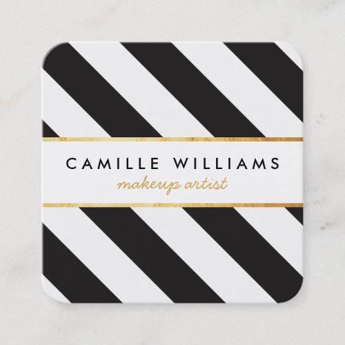 BOLD modern gold strip stripe pattern black white Square Business Card