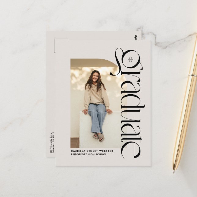 Bold modern graduate two photo graduation postcard (Front/Back In Situ)