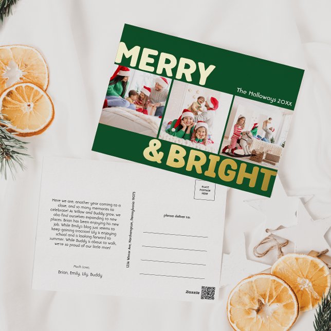 Bold Modern Green 3 Photo Merry and Bright Gold Foil Holiday Postcard (Creator Uploaded)