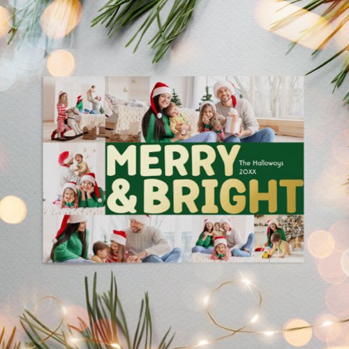 Bold Modern Green 6 Photo Merry and Bright Gold Foil Holiday Card