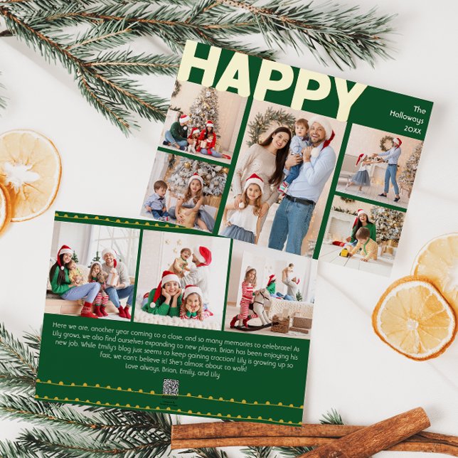 Bold Modern Green Eight-Photo Happy Gold Foil Holiday Card (Creator Uploaded)