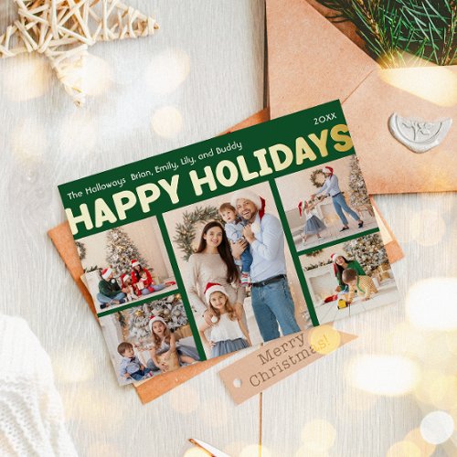 Bold Modern Green Five Photo Happy Gold Foil Holiday Postcard