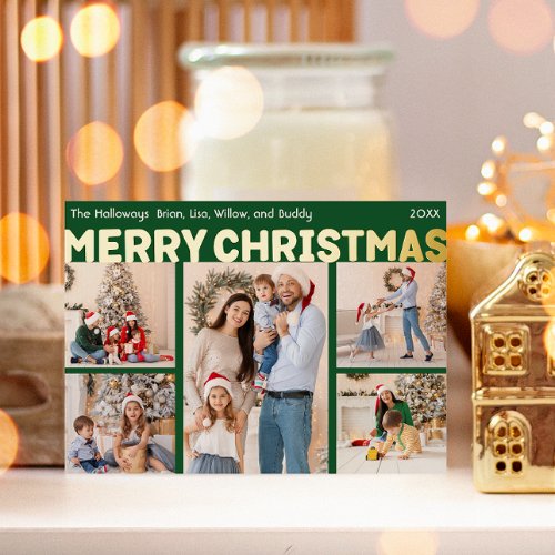 Bold Modern Green Five_Photo Merry Christmas Gold Foil Holiday Card