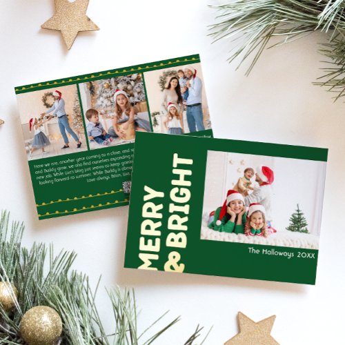 Bold Modern Green Four_Photo Merry and Bright Gold Foil Holiday Card