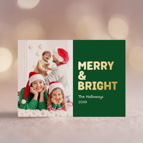 Bold Modern Green One Photo Merry and Bright Gold Foil Holiday Card