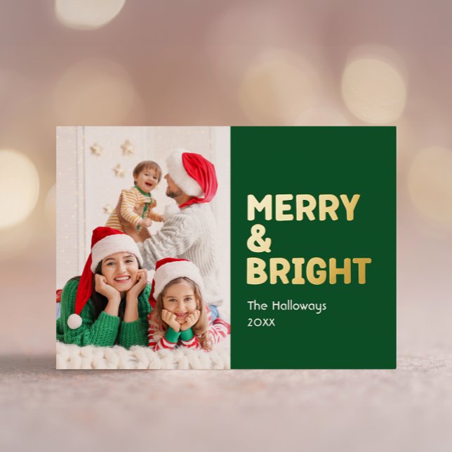 Bold Modern Green One Photo Merry and Bright Gold Foil Holiday Card (Creator Uploaded)