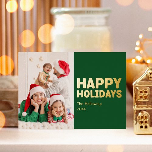 Bold Modern Green One Photo Merry and Bright Gold Foil Holiday Card