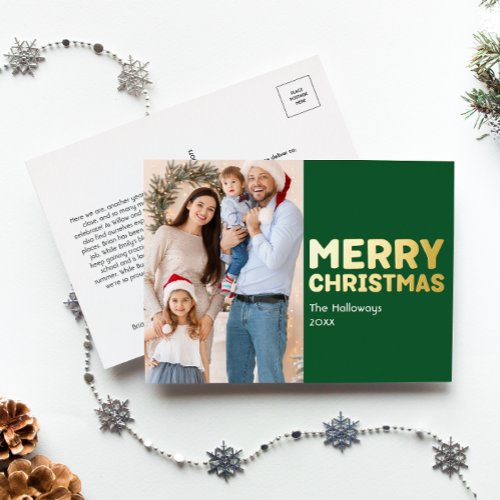 Bold Modern Green Photo Merry Christmas Gold  Foil Holiday Postcard