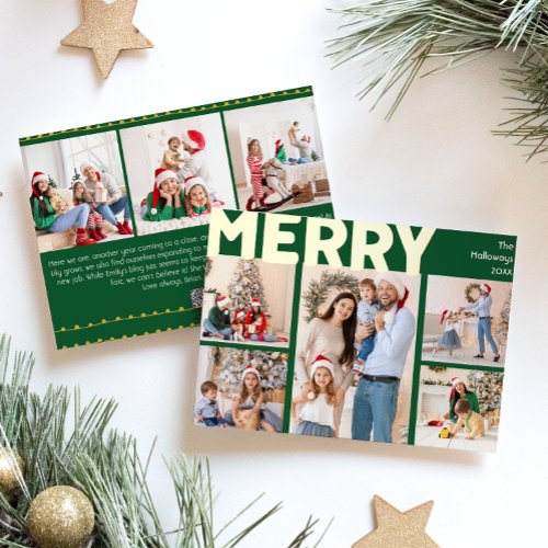 Bold Modern Green Photo Year in Review Merry Gold Foil Holiday Card