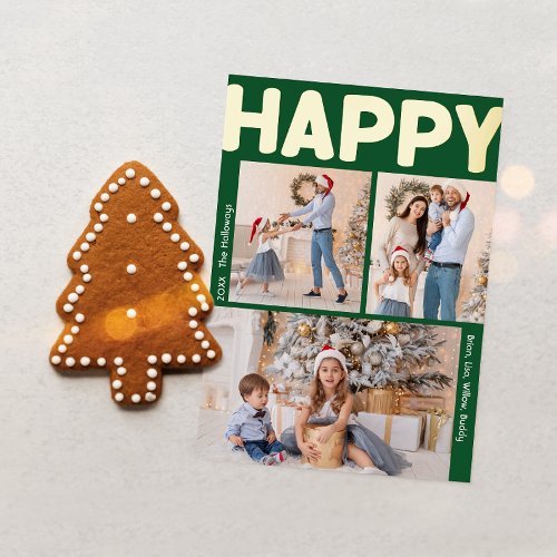 Bold Modern Green Vertical 3 photo Happy Gold Foil Holiday Card