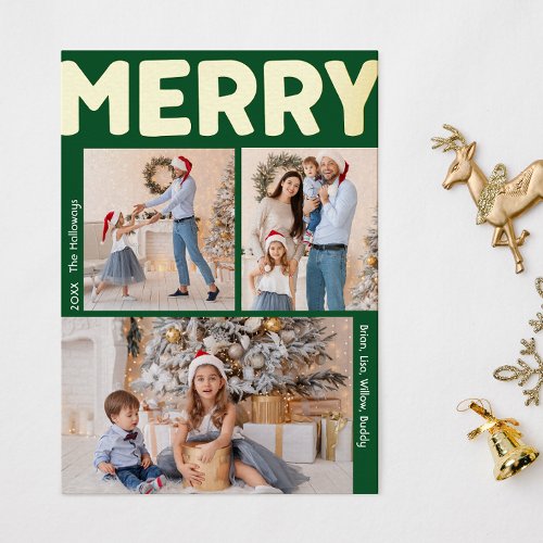 Bold Modern Green Vertical Three Photo Merry Gold Foil Holiday Card