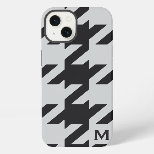 Bold modern grey black houndstooth with monogram iphone case (Back)