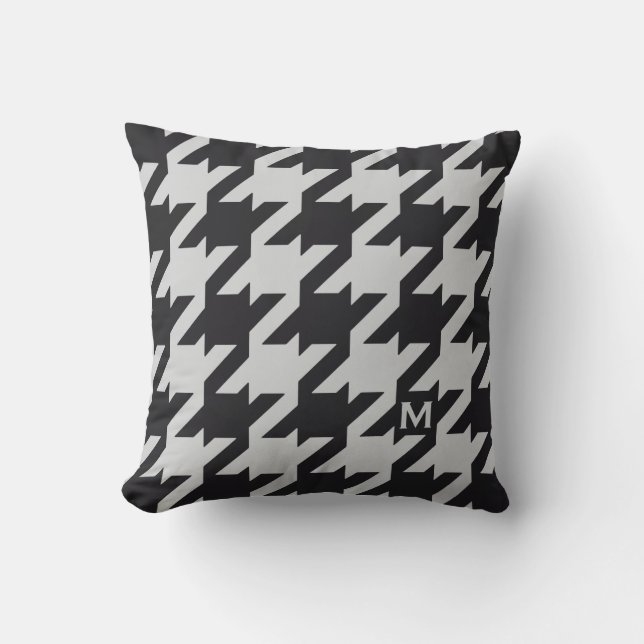 Bold modern grey black houndstooth with monogram throw pillow (Front)