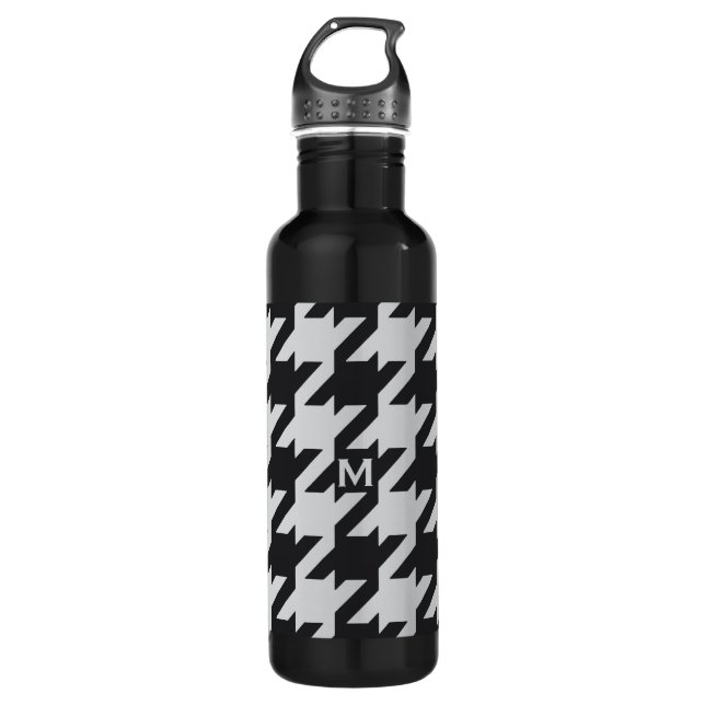 Bold modern grey black houndstooth with monogram water bottle (Front)