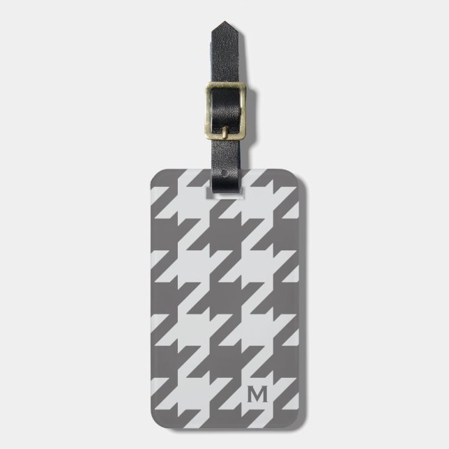 Bold modern grey houndstooth with monogram luggage tag (Front Vertical)