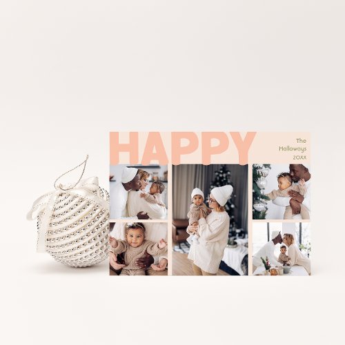 Bold Modern Happy Holidays Coral Five Photo Holiday Card