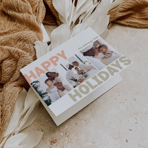 Bold Modern Happy Holidays Folded Three Photo Holiday Card
