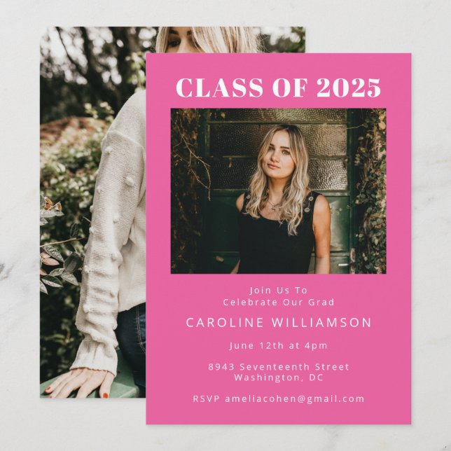 Bold Modern Hot Pink Two Photo Graduation Party Invitation (Front/Back)