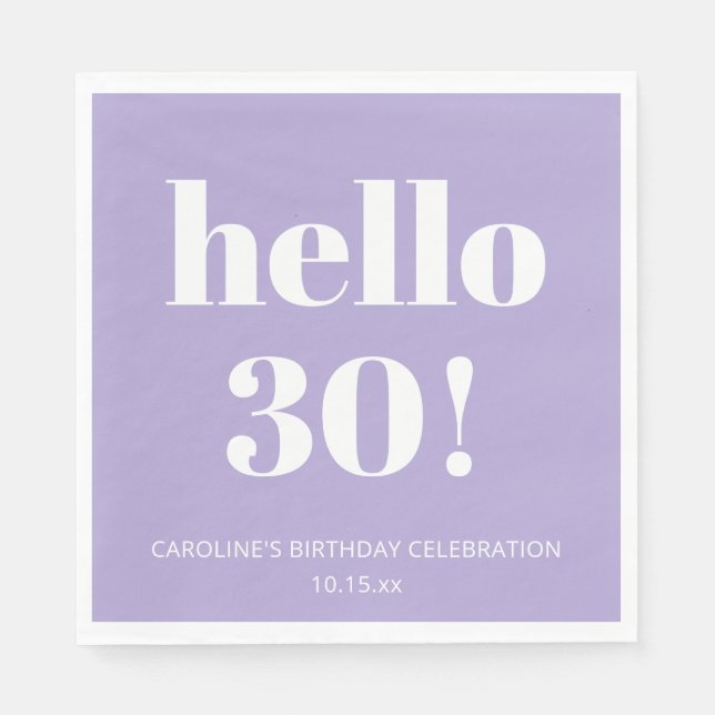 Bold Modern Lavender Purple 30th Birthday Party Napkins (Front)