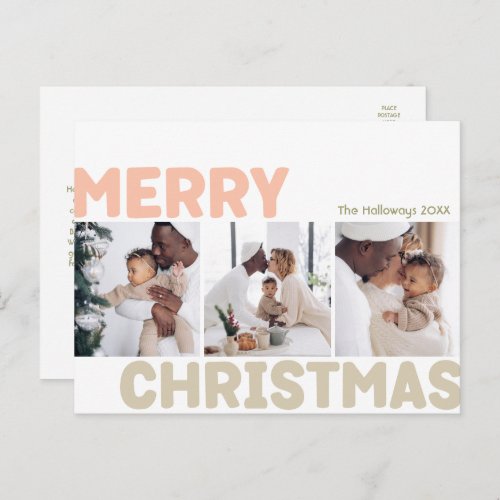 Bold Modern Merry Christmas Year in Review 3 Photo Holiday Postcard