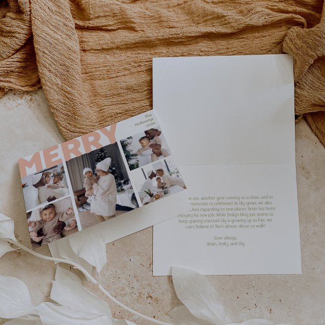 Bold Modern Merry Folded Five Photo Holiday Card (Creator Uploaded)