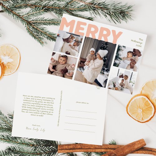 Bold Modern Merry Year in Review Five Photo Holiday Postcard