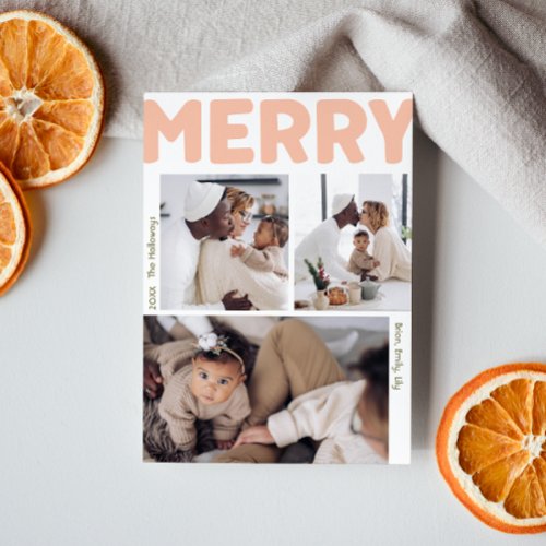 Bold Modern Merry Year In Review Vertical 3 Photo Holiday Card