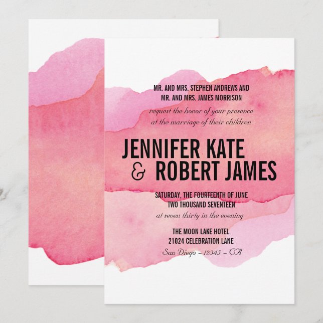 Bold MODERN Minimal Pink watercolor BLACK WEDDING Invitation (Front/Back)
