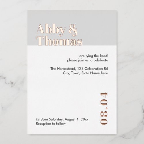 Bold Modern Minimalist Gray Wedding Rose Gold  Foil Invitation