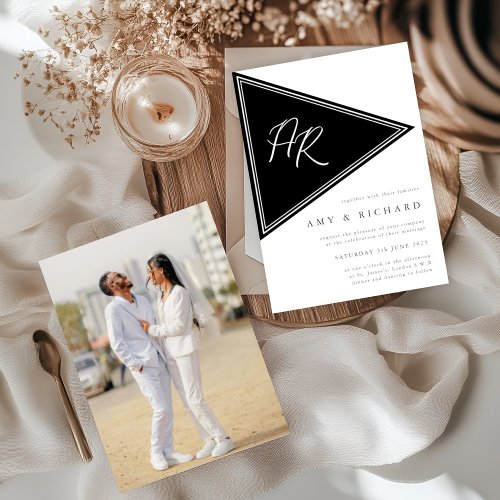 Bold Modern Minimalist Monogram BW Photo Wedding Invitation