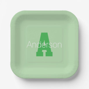 Bold Modern Monogram   Pale & Kelly Green Paper Plates