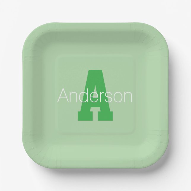 Bold Modern Monogram | Pale & Kelly Green Paper Plates (Front)