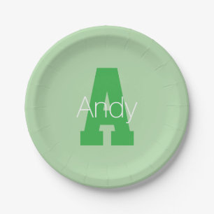 Bold Modern Monogram   Pale & Kelly Green Paper Plates
