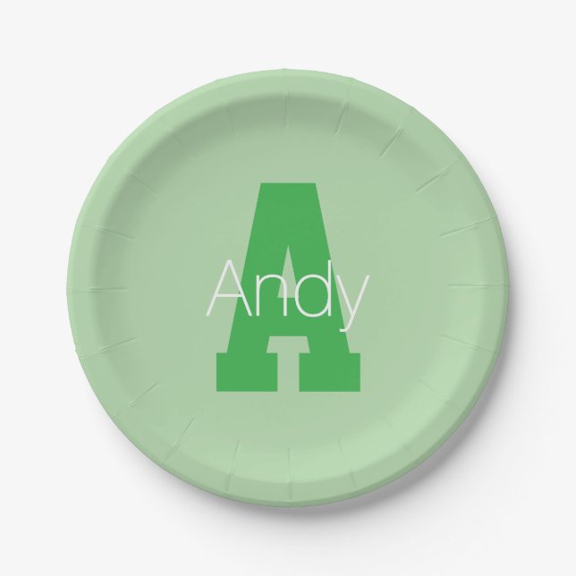 Bold Modern Monogram | Pale & Kelly Green Paper Plates (Front)