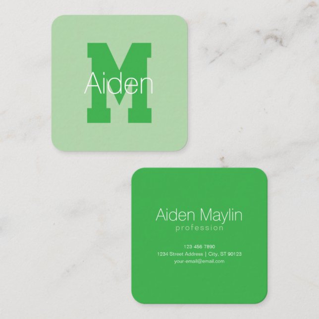 Bold Modern Monogram | Pale & Kelly Green Square Business Card (Front/Back)