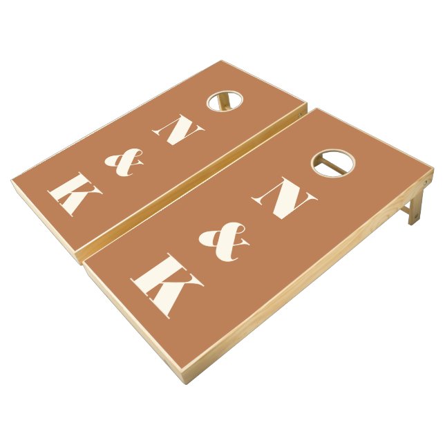Bold Modern Monogram Terracotta Wedding Custom Cornhole Set (Angled)
