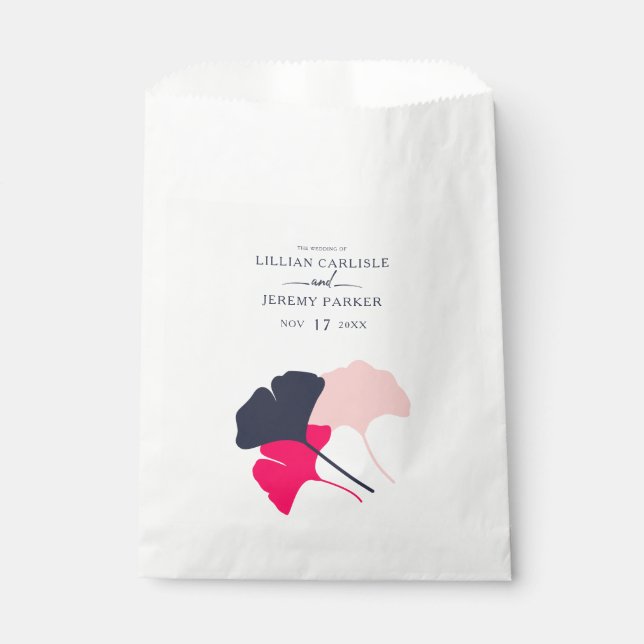 Bold Modern Navy and Pink Ginkgo Leaves Wedding Favor Bag (Front)