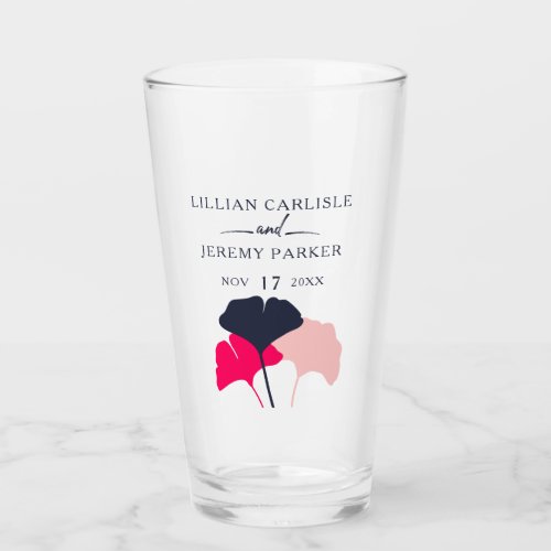 Bold Modern Navy and Pink Ginkgo Leaves Wedding Glass